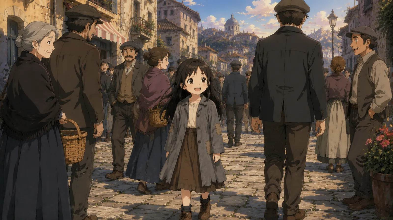 Σκηνή animation σε στυλ anime: ένα κοριτσάκι περπατά χαμογελαστό σε μια πλακόστρωτη πλατεία γεμάτη κόσμο